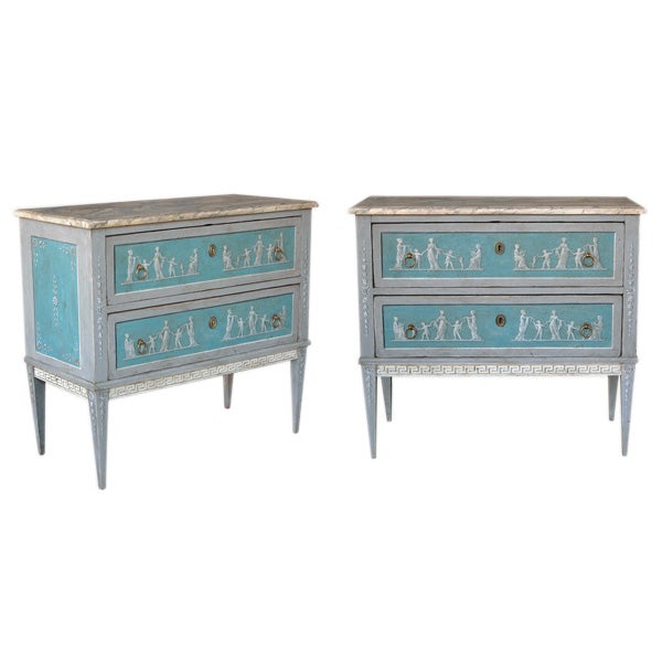 Pair of Italian Neoclassical Style Painted 2-Drawer Chests with Faux Marble Tops