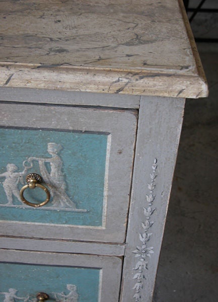 19th Century Pair of Italian Neoclassical Style Painted 2-Drawer Chests with Faux Marble Tops