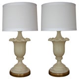A Pair of French Ivory-Colored Carved Alabaster Urn-Form Lamps