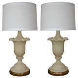A Pair of French Ivory-Colored Carved Alabaster Urn-Form Lamps