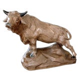 Antique An Expressive and Large-Scaled  Austrian Art Nouveau Raw-Umber Glazed Ceramic Bull