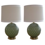 A Stylish Pair of Italian Celadon Green Glass Spherical Lamps