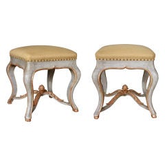 Pair of Danish Rococo Style Painted & Parcel-Gilt Square Stools