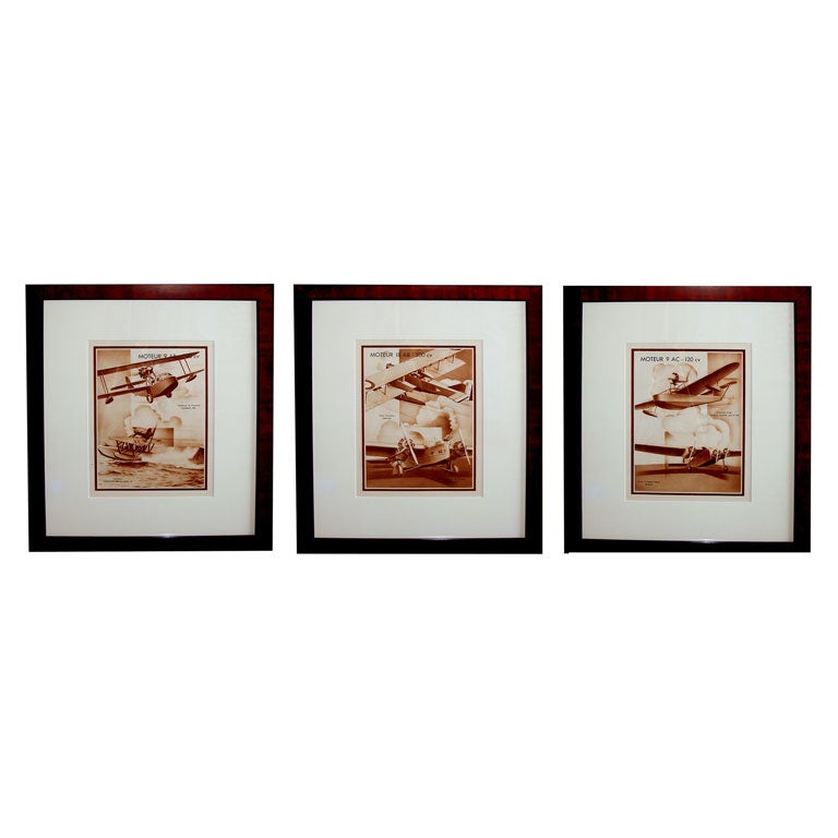 Three Unusual French Sepia Tone Lithographs of 1930's Airplanes For Sale