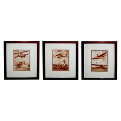 Three Unusual French Sepia Tone Lithographs of 1930's Airplanes