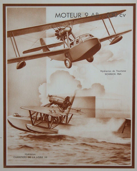 A set three of unusual French sepia tone lithographs of 1930's airplanes; each finely rendered lithograph of airplanes with identifying script; used for French airplane engine marketing material; priced per pair