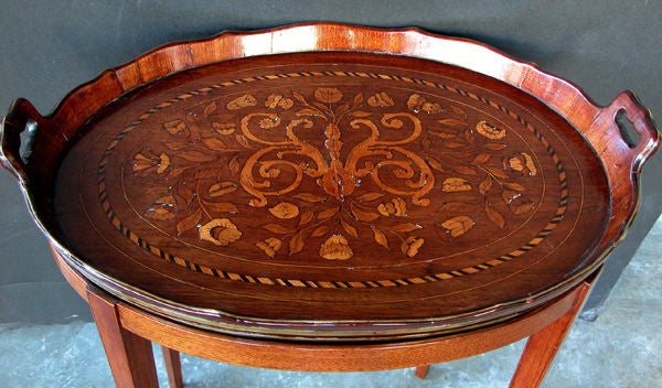 A Dutch Mahogany Oval Tray on Stand w/Lively Floral Marquetry
