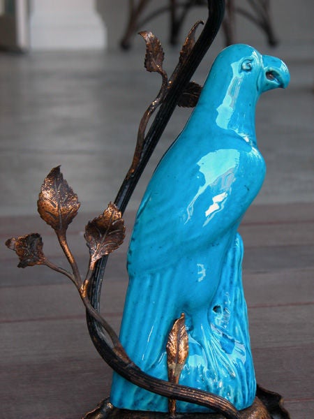 A Pair of Chinese Turquoise Glazed Parrots Now Mounted as Lamps