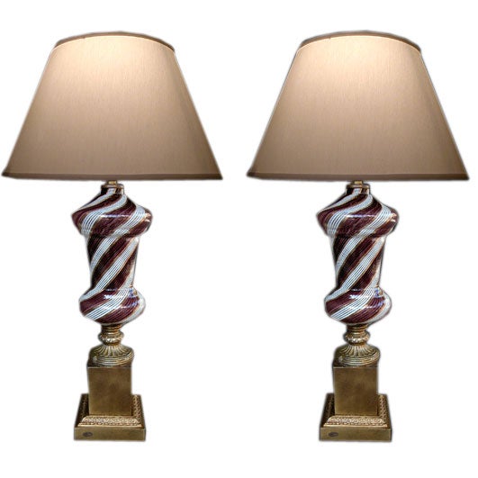 A Striking Pair of Italian Mid-Century 'Dino Martens' for Areliano Tosso Mezza Filigrana Lamps with Gold Aventurine Stripes