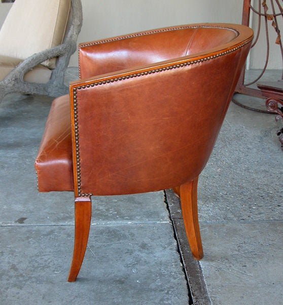 English Art Deco Fruitwood Tub/Desk Chair w/Leather Upholstery