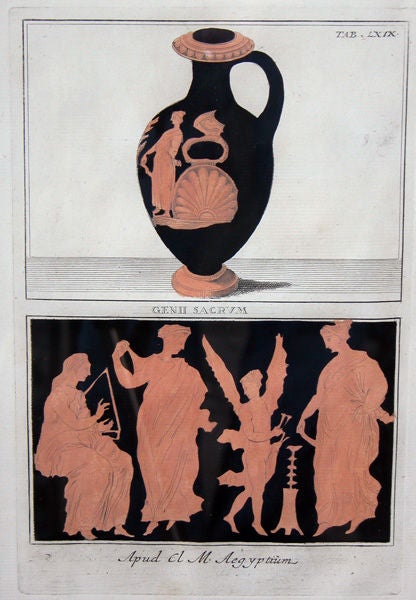 A well-executed set of 4 hand-colored copper engravings of attic red classical urns; each depicting an Etruscan urn with detail images and inscriptions written below; from the book 