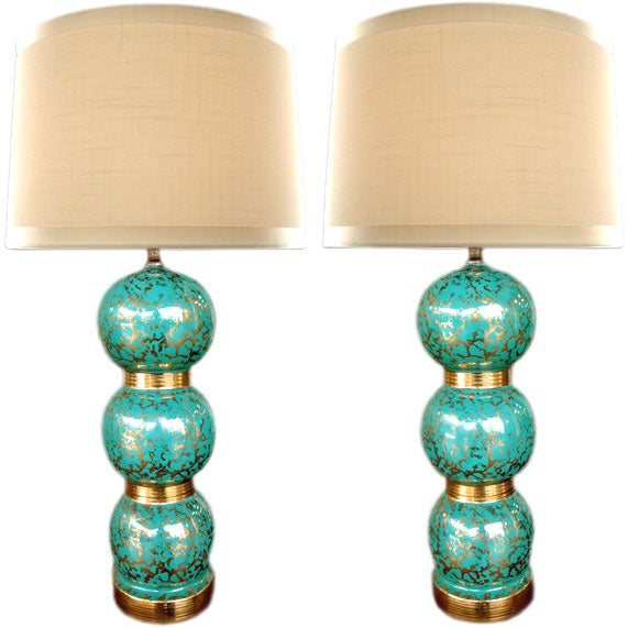 A Pair of Italian 1960's Turquoise-Glazed Ceramic Lamps