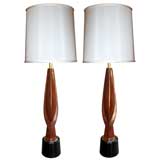 A Sleek Pair of American 1960's Carved Mahogany Teardrop-Form Lamps