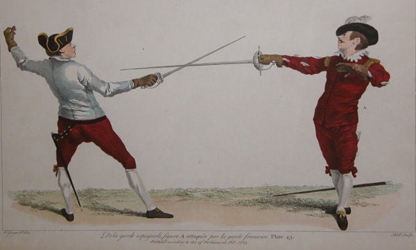3 Pairs of French Hand-Colored Copper Plate Fencing Engravings