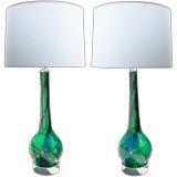 Vintage A Pair of Italian 1960's Bottle-Form Lamps of Blue & Green Glass