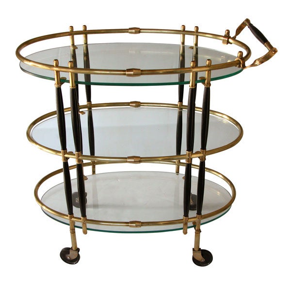 A Chic French Oval Brass Drinks Cart w/Ebonized Highlights