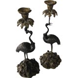 A Finely Chased Pair of French Bronze Heron-Form Candlesticks