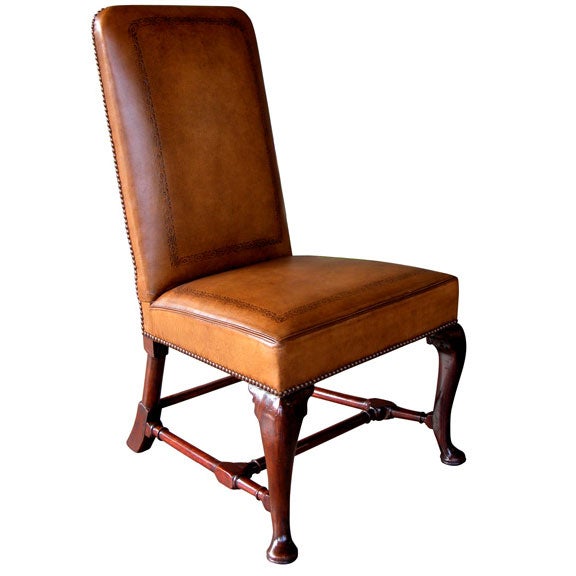 A Handsome English Queen Anne Walnut Side Chair with Embossed Leather Upholstery