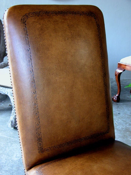 18th Century and Earlier A Handsome English Queen Anne Walnut Side Chair with Embossed Leather Upholstery