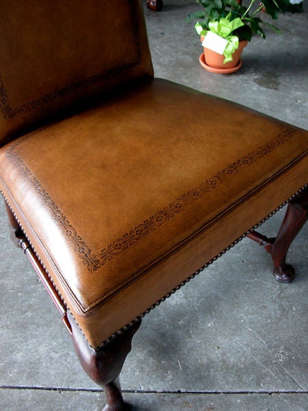 A Handsome English Queen Anne Walnut Side Chair with Embossed Leather Upholstery 1