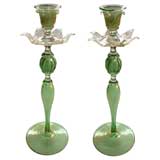 Antique A Stunning Pair of Venetian Apple Green Art Glass Candlesticks