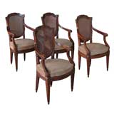 A Handsome Set of 4 Italian Neoclassical Fruitwood Shield-Back Caned Arm Chairs