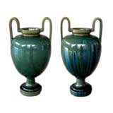 A Large-Scaled Pair of French Teal-Green Glazed Stoneware Urns