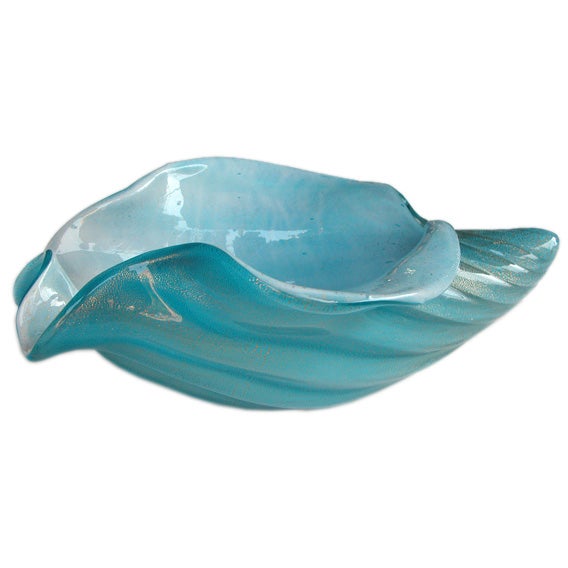 Large Italian Mid-Century Pale Blue Cased Glass Conch Shell Bowl