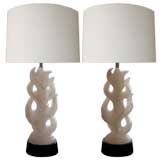 Finely Carved Pair of Italian Mid-Century White Alabaster Lamps