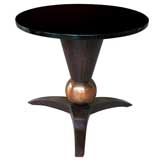 A Stylish French 1940's Black Glass Round Table w/Limed Oak Base