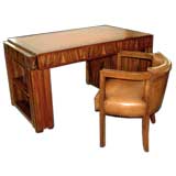 A Handsome and Finely Veneered French Art Deco Burl Walnut 3-Drawer Pedestal Desk and Matching Chair