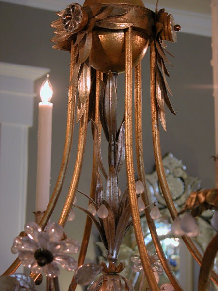A Lyrical Italian Gilt Metal and Tole 7-Light Chandelier
