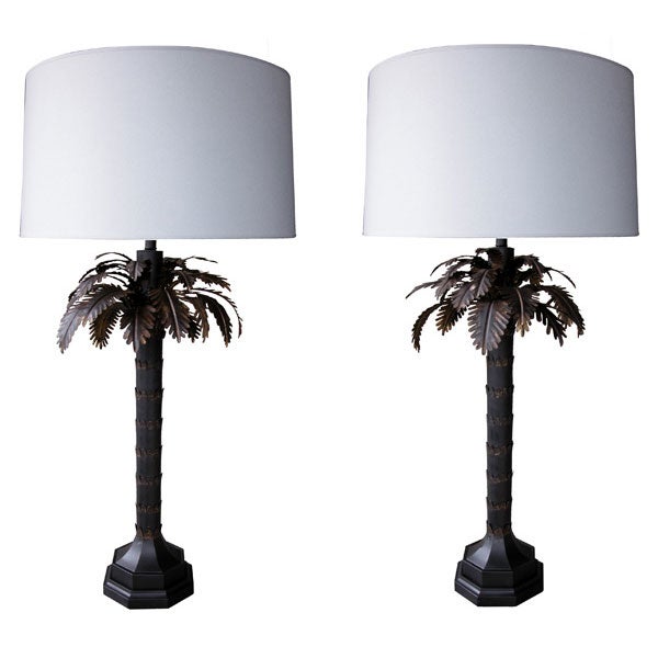 A Pair of French 1940's Ebonized-Tole Palm Tree Form Lamps