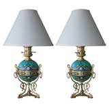 Antique A Rare Pair of French Art Nouveau Porcelain & Bronze Oil Lamps