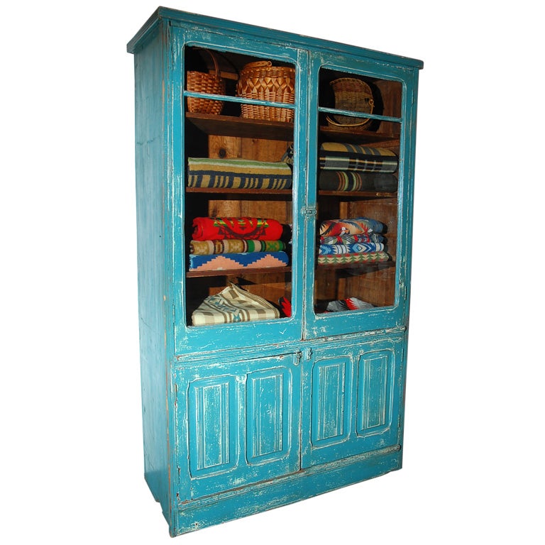 RARE 19THC ORIGINAL BLUE PAINTED STEP BACK CUPBOARD