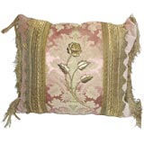 Antique Textile Pillow with a Rose and Metalic Decoration