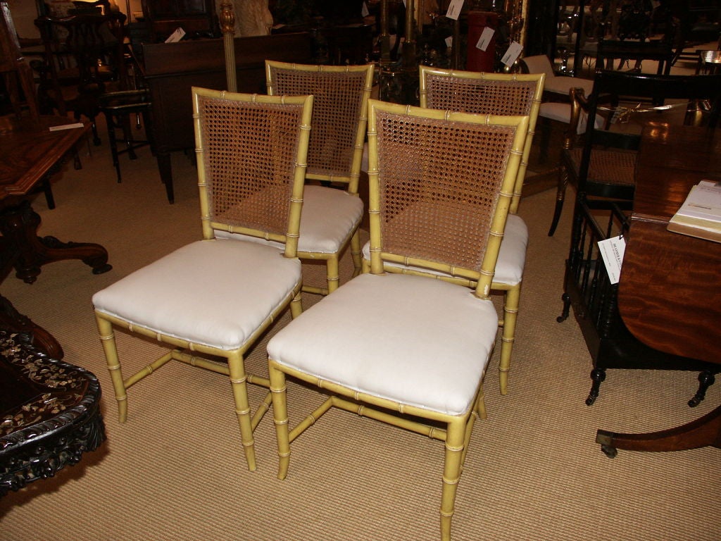 Set of Four Unusual Faux bamboo  Painted and Caned Chairs