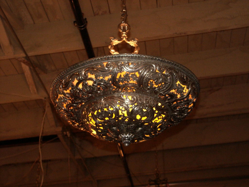 Beautiful yellow slag glass and silvered bronze Caldwell hanging Lantern.  This was a hanging downward shade and it has been reversed and made into a lantern.  There is one lobed pierced sterling silver bowl and a finial which have been added to the