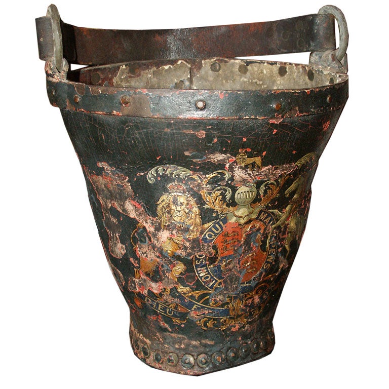 Antique Leather Fire Bucket With Worn Painted Surface For Sale