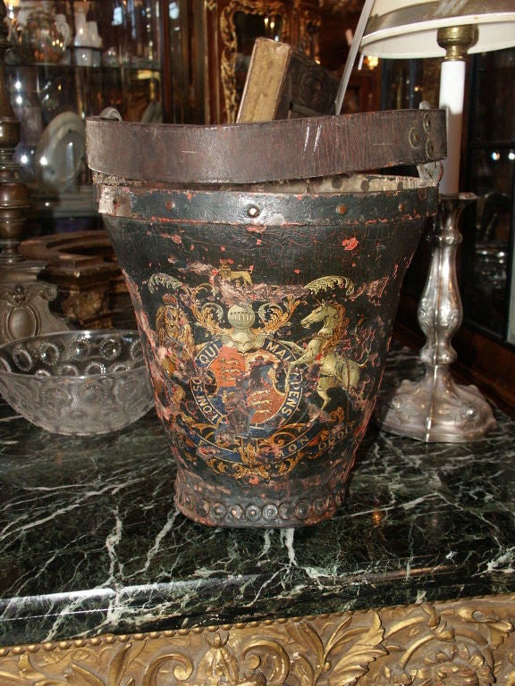 Antique Leather Fire Bucket With Worn Painted Surface