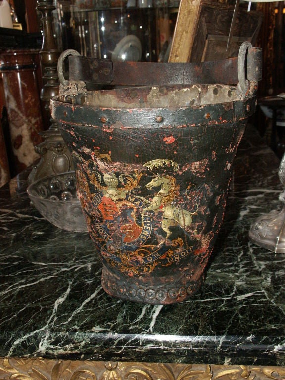 English Antique Leather Fire Bucket With Worn Painted Surface For Sale