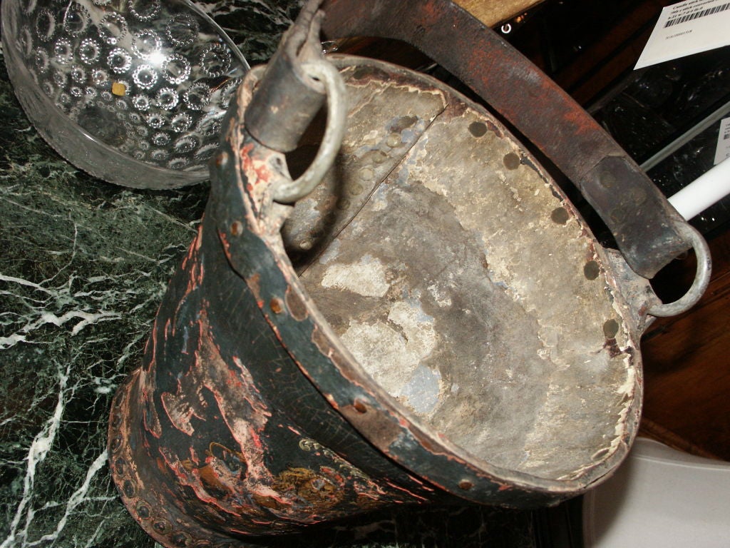 19th Century Antique Leather Fire Bucket With Worn Painted Surface For Sale