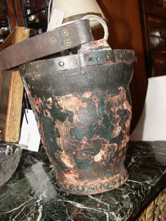 Antique Leather Fire Bucket With Worn Painted Surface For Sale 2