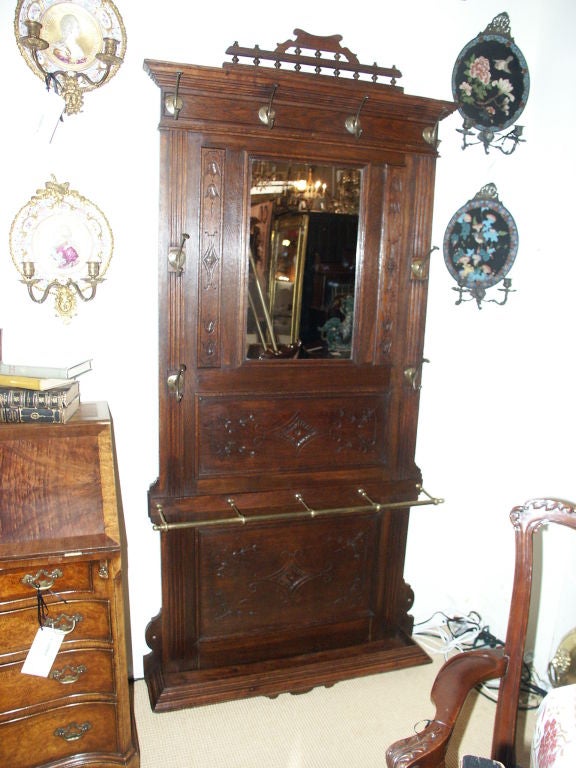 French Oak Hall Tree With Brass