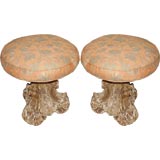 Crusty Pair of Giltwood & Silver Gilt Stools With Fortuny Fabric