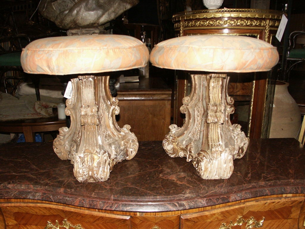 Crusty Pair of Giltwood & Silver Gilt Stools With Fortuny Fabric