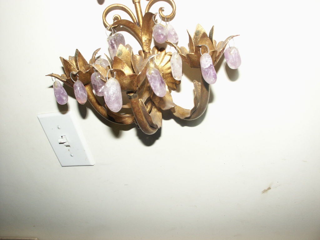 Pair Purple Quartz Gilt Metal Wall Sconces