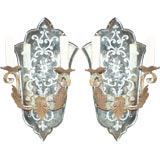 Antique Early 20th C Reverse Etched Mirror Back and Iron Sconces