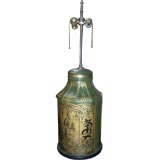 Green Tole Tea Canister Lamp With Chinoiserie Decoration