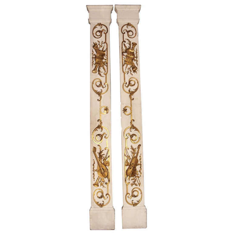 Tall Narrow Pair of Architectural Carved Panels With Music Theme For Sale